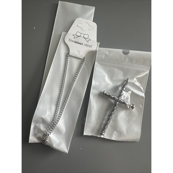 Vintage Jewelry Silver Tone Religious Cross Pendant 2.5 Inch Stainless Steel - Picture 6 of 6